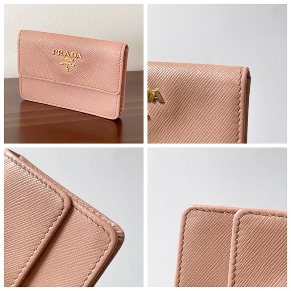 Prada pink saffiano leather gold logo card snap case wallet - Picture 4 of 11